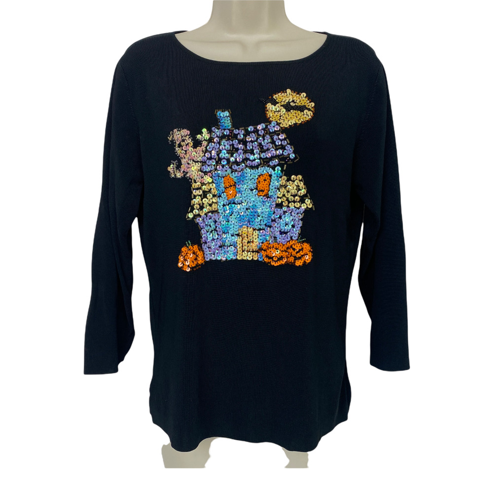 Halloween Sweater Womens Large Sweaterworks Sequin‎ Haunted House Black Knit Top